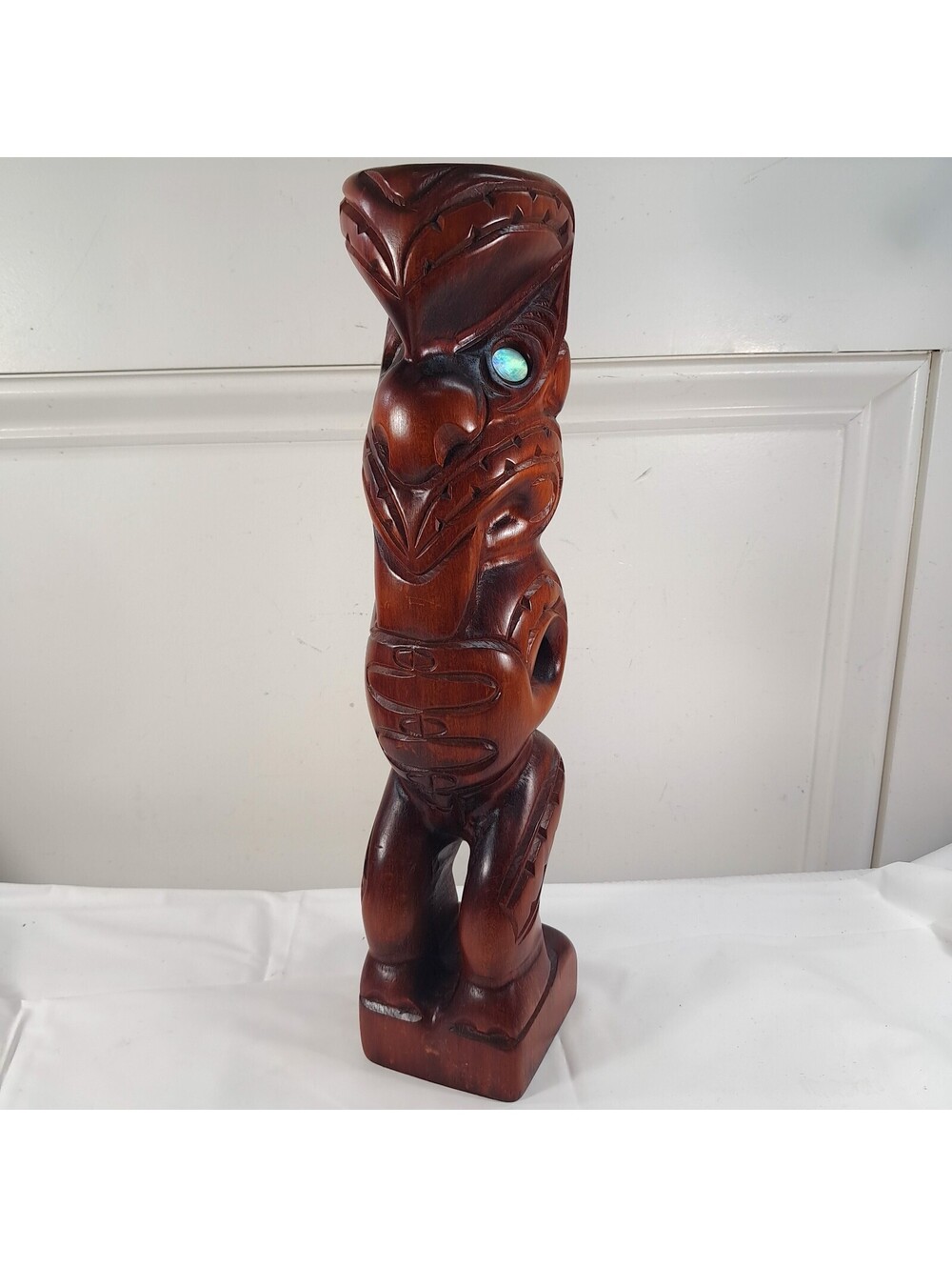 New Zealand Maori Hand Carved Kauri Wood Teko Teko Tiki Totem Statue MOP eyes